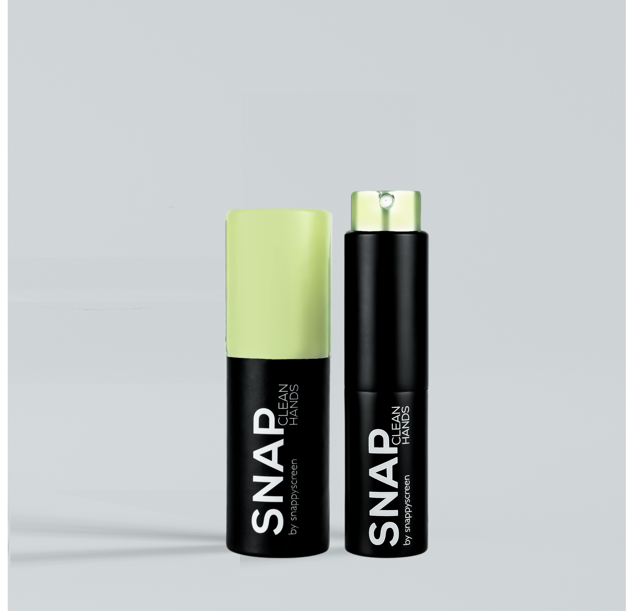 Two black SNAP hand sanitizer spray bottles on a light gray background.